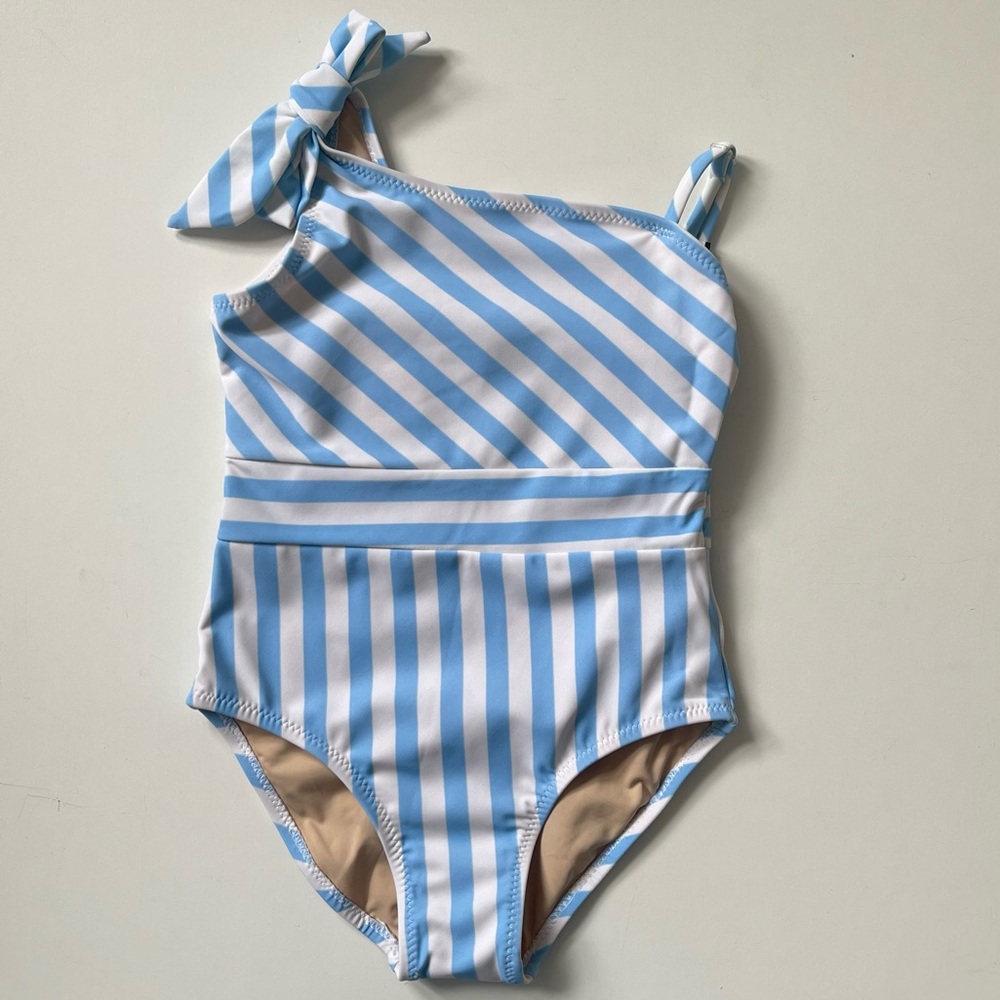 Shade Critters Girl’s One-Piece One Shoulder Swimsuit - Light Blue Stripe - 5T